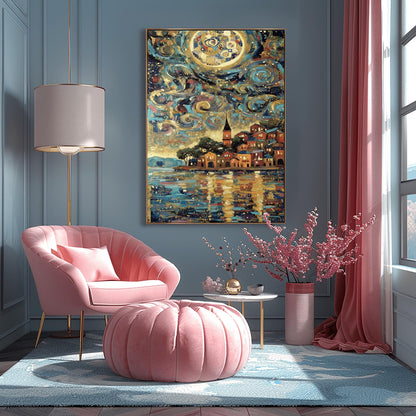 A vertical fine art print in the style of Gustav Klimt. A colorful Mediterranean village with red and orange houses sits on a harbor. The sky above is filled with thick, swirling teal and blue clouds and a large, mosaic-patterned golden moon. The water in the foreground reflects the warm lights of the village and the sky.