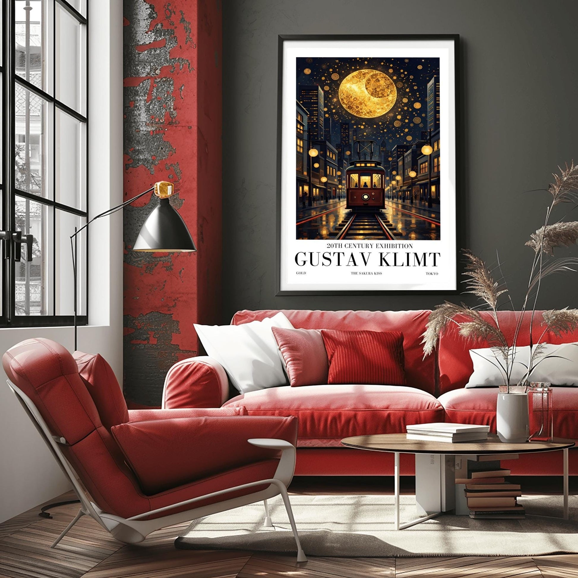 A vertical museum exhibition poster in the style of Gustav Klimt. A vintage-style red and brown streetcar sits on tracks in a Tokyo street at night, flanked by modern buildings. A massive golden moon with mosaic patterns fills the top of a dark sky crowded with golden spirals. Bold black text at the bottom reads "GUSTAV KLIMT" and "THE SAKURA KISS."