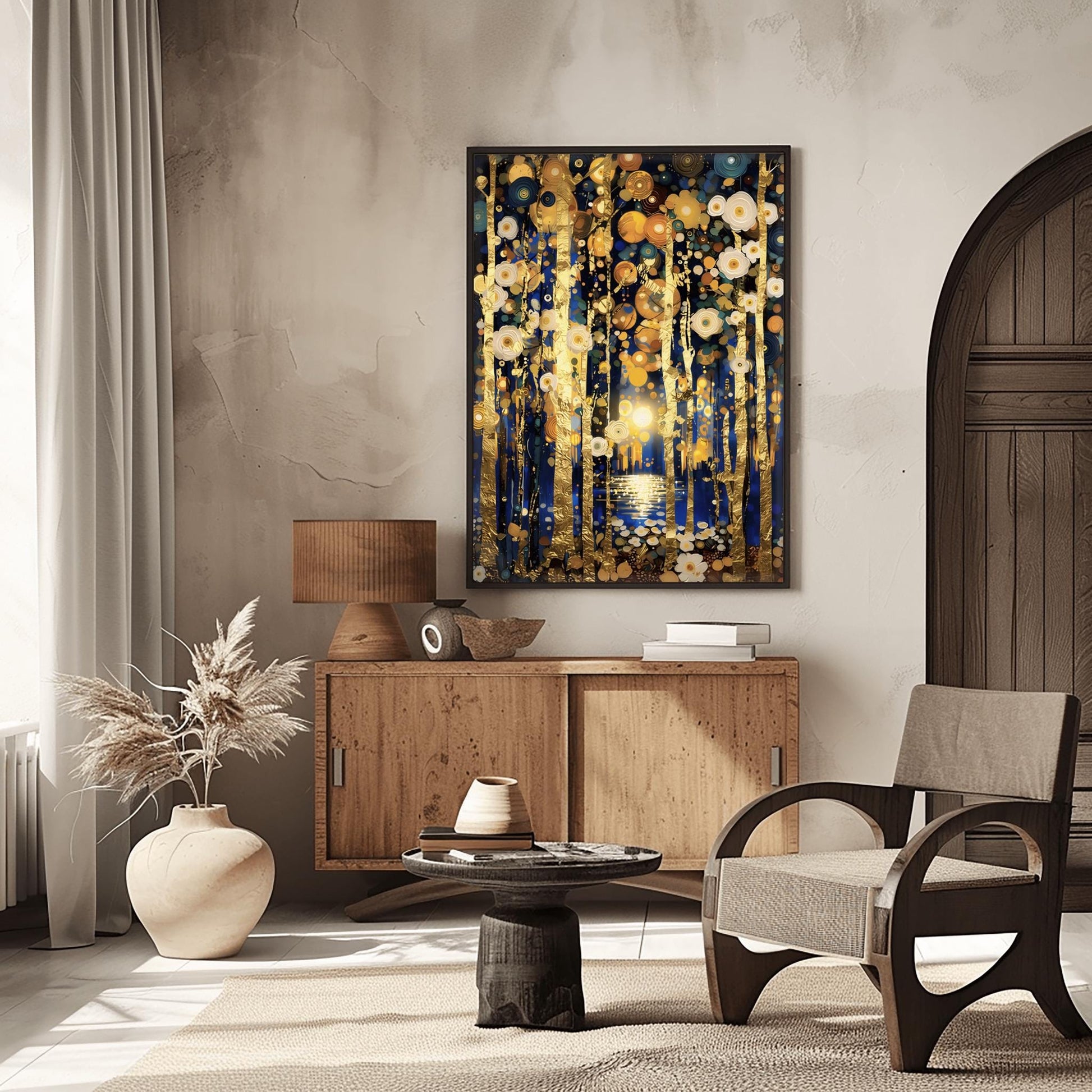 A vertical fine art print in the style of Gustav Klimt. Slender, textured gold leaf tree trunks stand against a dark midnight blue background. The sky and ground are filled with glowing white and gold circular flower patterns. In the center, a distant moon reflects in a small pool of water.
