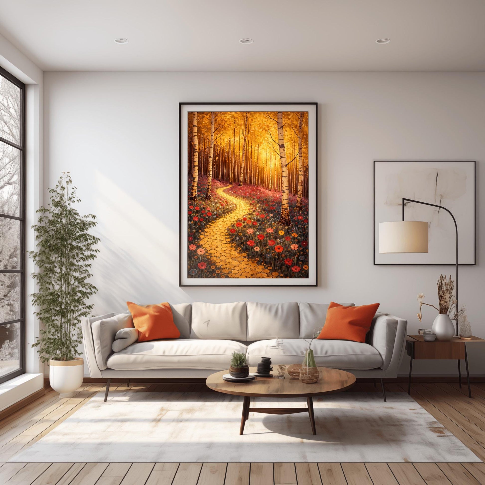 A vertical fine art landscape in the style of Gustav Klimt. Slender birch trees with white and black bark stand in a forest with glowing golden leaves. A winding path made of golden mosaic circles leads through a meadow of red and pink poppies toward a sun-drenched, ethereal background.