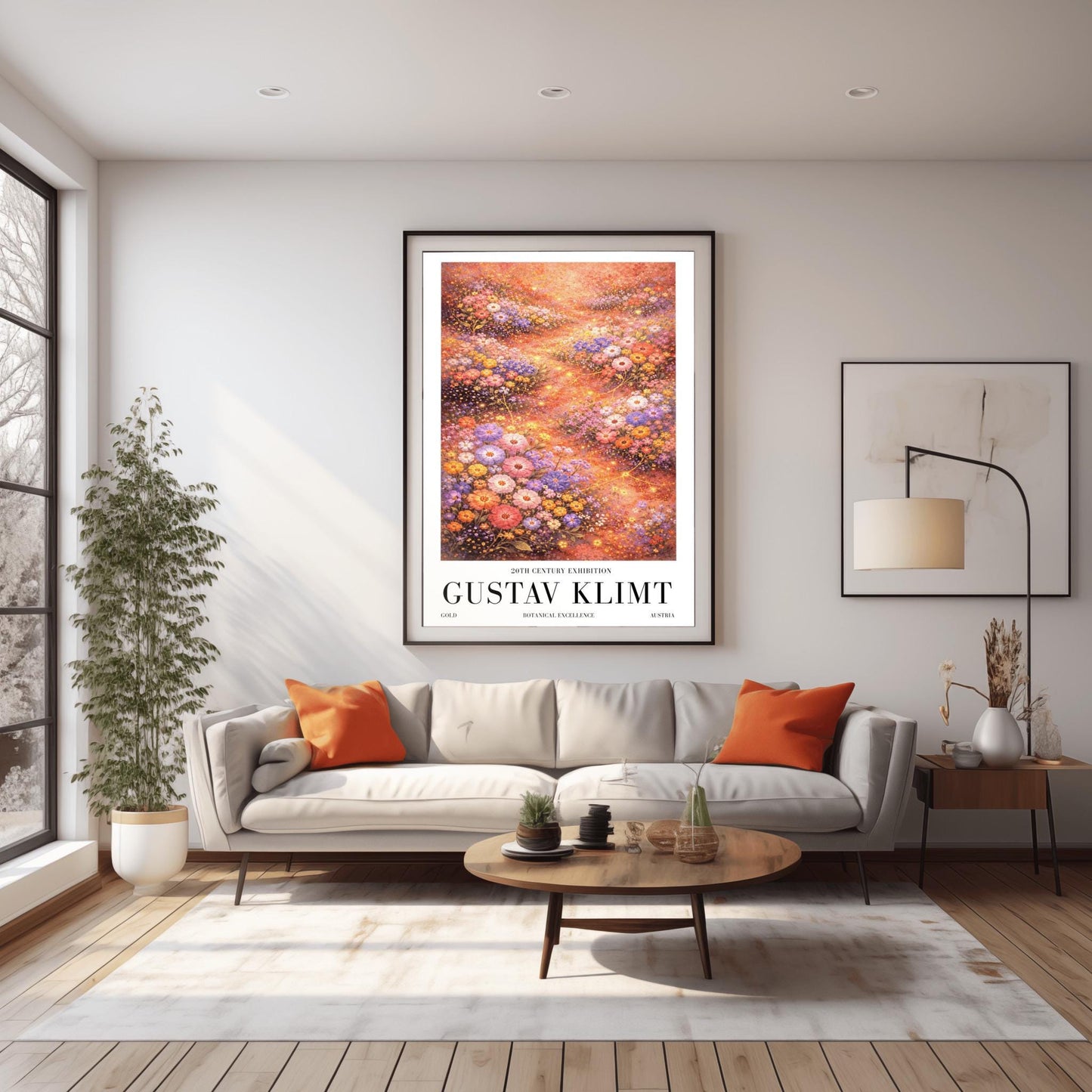 A vertical, highly detailed Art Nouveau-style illustration of a dense wildflower meadow. Stylized flowers in shades of lavender, coral, and orange are outlined in gold. Shimmering golden particles float between the blooms against a warm, glowing amber background.