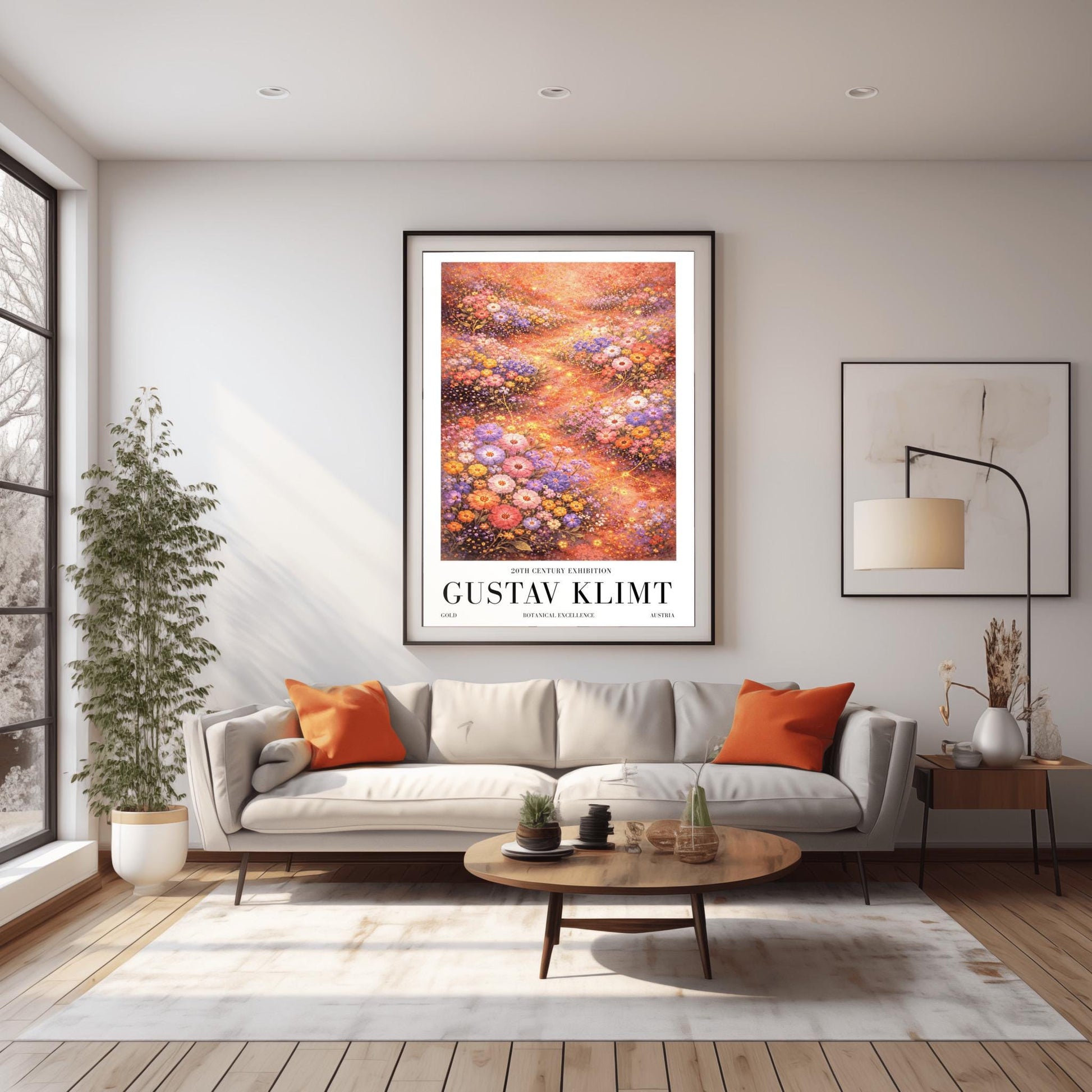 A vertical, highly detailed Art Nouveau-style illustration of a dense wildflower meadow. Stylized flowers in shades of lavender, coral, and orange are outlined in gold. Shimmering golden particles float between the blooms against a warm, glowing amber background.
