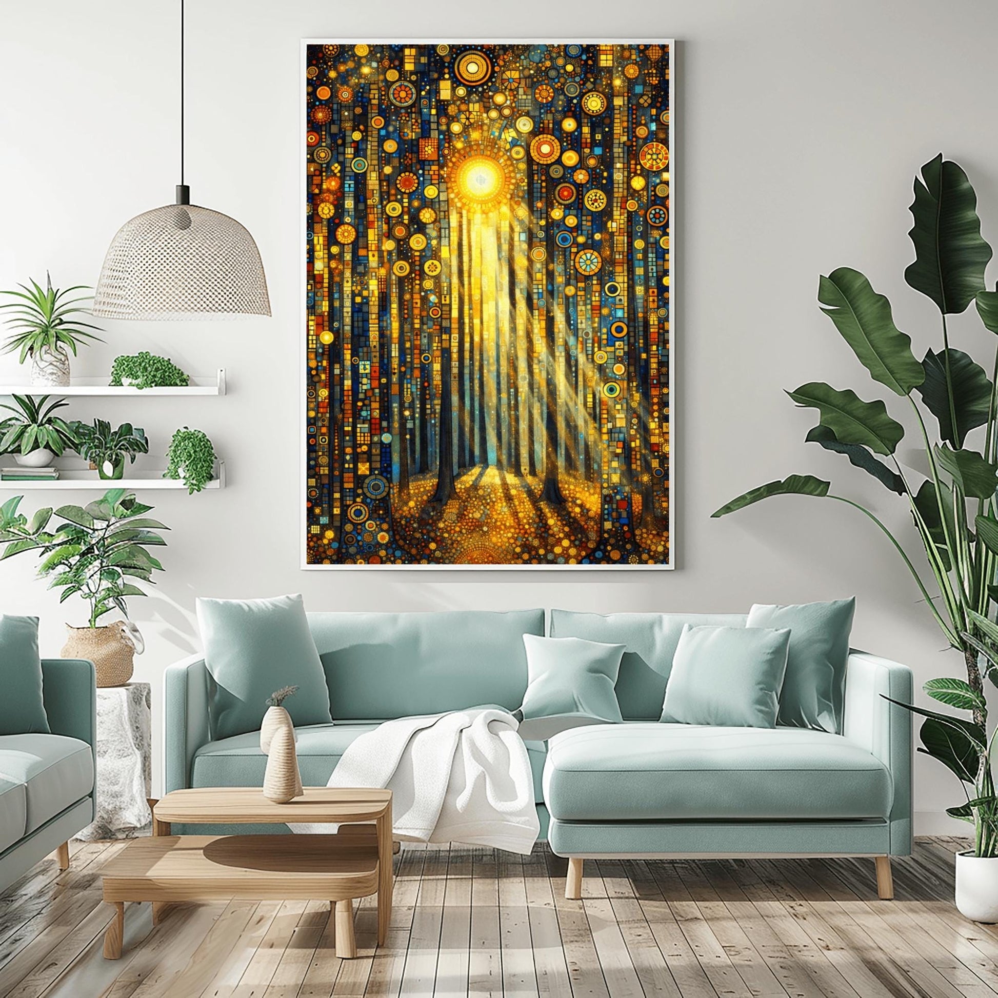 A vertical fine art print in the style of Gustav Klimt. Tall, dark tree trunks stand in a forest where the ground and sky are filled with dense gold and blue mosaic circles. A bright sun in the upper center casts long, golden pillars of light down through the trees, illuminating the patterned forest floor.
