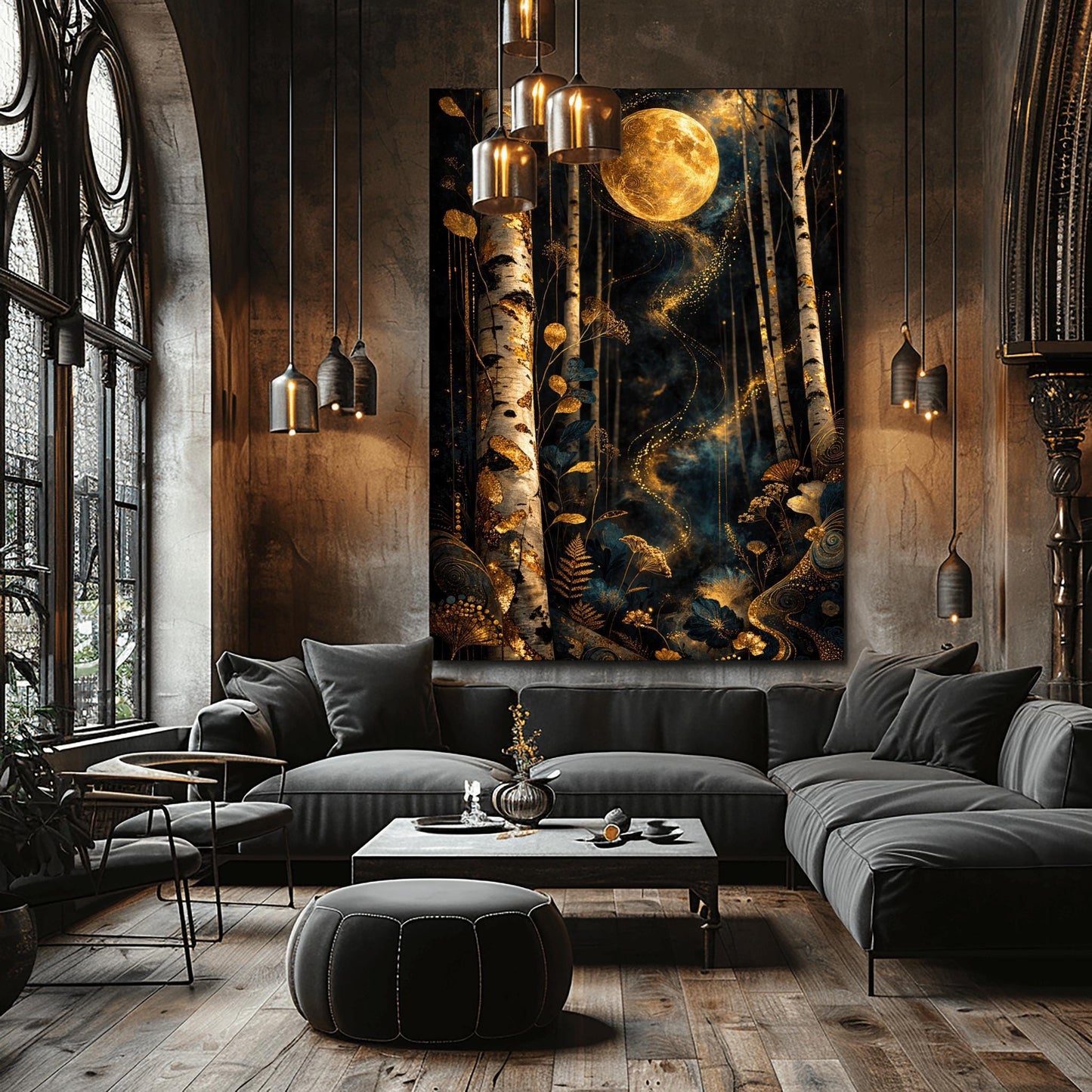 A vertical, highly detailed Art Nouveau illustration in the style of Gustav Klimt. A large, ornate golden moon with swirling patterns hangs in a dark navy forest. The foreground is filled with stylized golden wildflowers and ferns, and a ribbon of golden stardust winds through patterned birch trees.