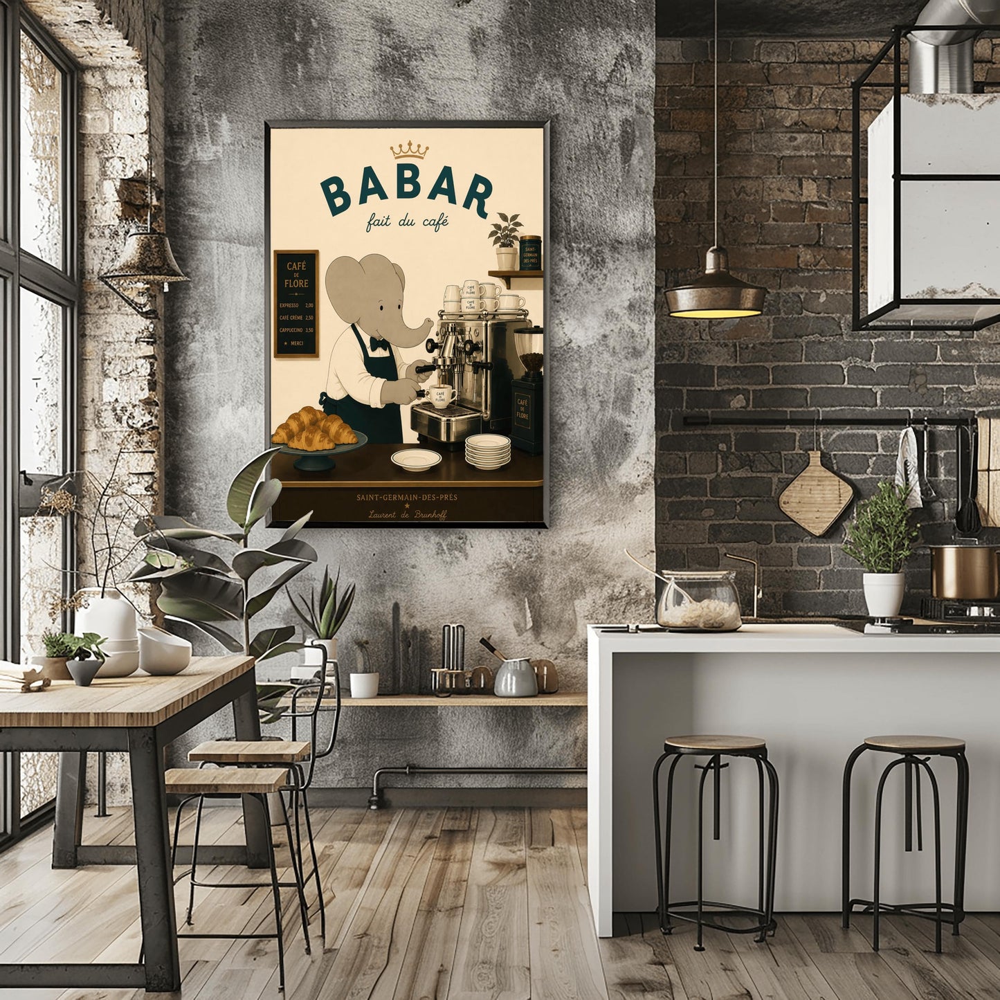 A vintage-style illustration of Babar the Elephant wearing a white shirt, black bowtie, and dark apron, working as a barista. He is operating a classic silver espresso machine in a Parisian café. The scene includes a plate of croissants, stacks of "Café de Flore" cups, and a menu board. The text at the top reads "BABAR fait du café" with a gold crown, and the bottom features "Saint-Germain-des-Prés" and the name "Laurent de Brunhoff."