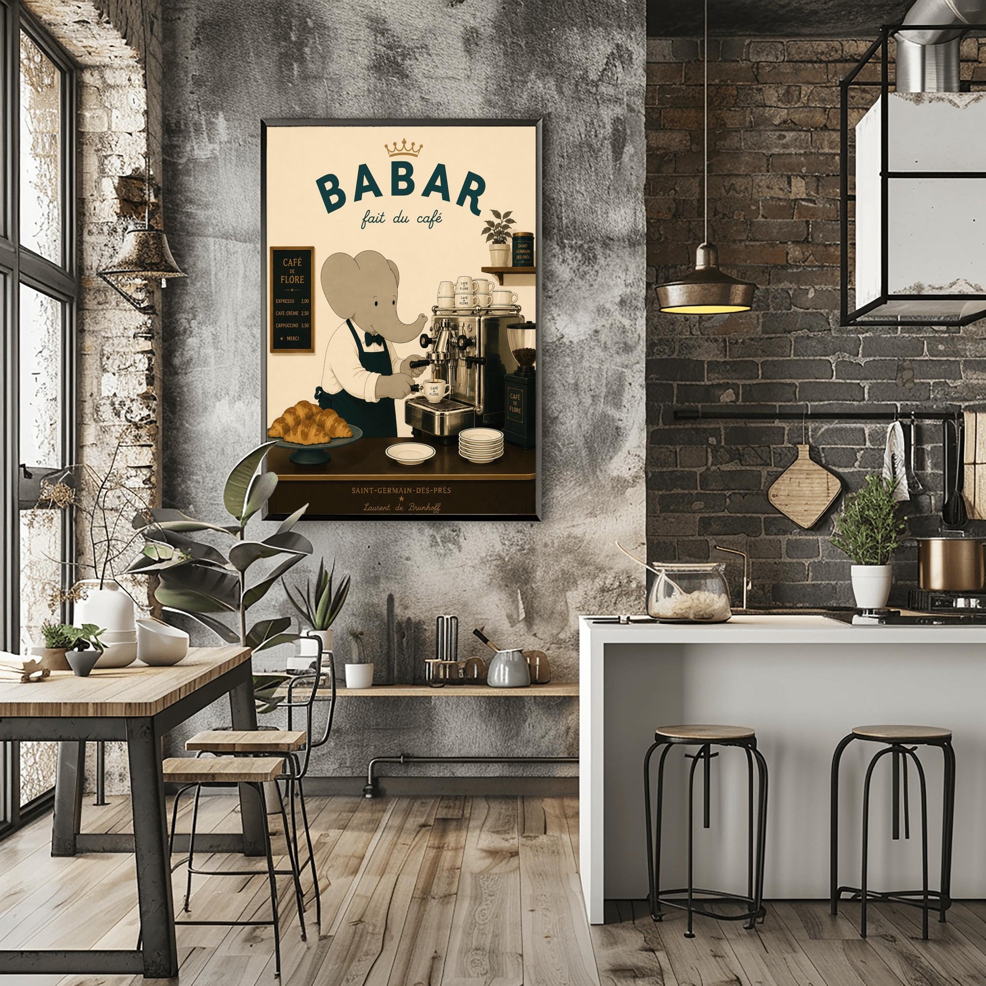 A vintage-style illustration of Babar the Elephant wearing a white shirt, black bowtie, and dark apron, working as a barista. He is operating a classic silver espresso machine in a Parisian café. The scene includes a plate of croissants, stacks of "Café de Flore" cups, and a menu board. The text at the top reads "BABAR fait du café" with a gold crown, and the bottom features "Saint-Germain-des-Prés" and the name "Laurent de Brunhoff."