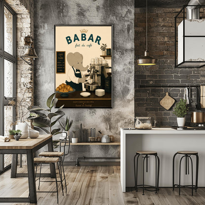 A vintage-style illustration of Babar the Elephant wearing a white shirt, black bowtie, and dark apron, working as a barista. He is operating a classic silver espresso machine in a Parisian café. The scene includes a plate of croissants, stacks of "Café de Flore" cups, and a menu board. The text at the top reads "BABAR fait du café" with a gold crown, and the bottom features "Saint-Germain-des-Prés" and the name "Laurent de Brunhoff."