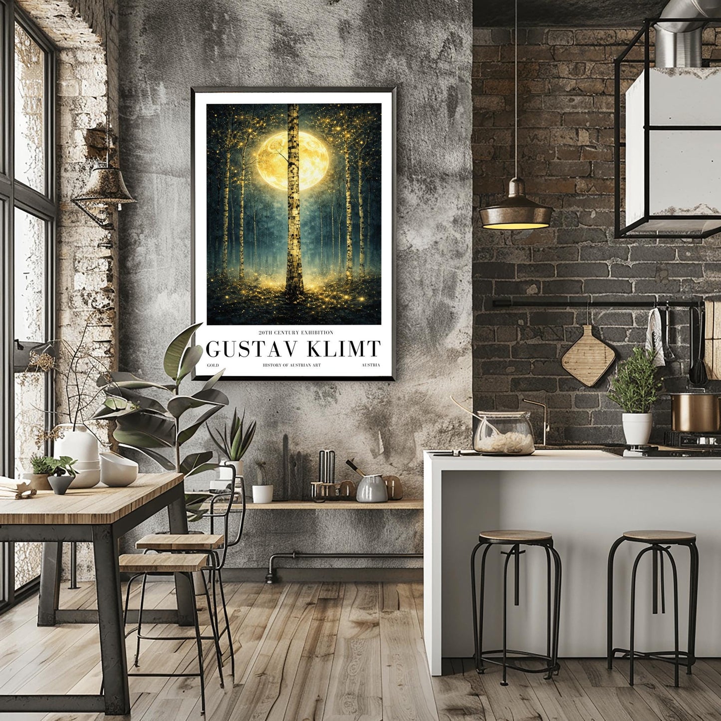 A vertical Art Nouveau-style illustration of a birch forest at night. A large golden moon hangs behind a central birch tree. The forest is filled with teal mist and shimmering golden stardust. The trees have intricate, mosaic-like textures on their bark.