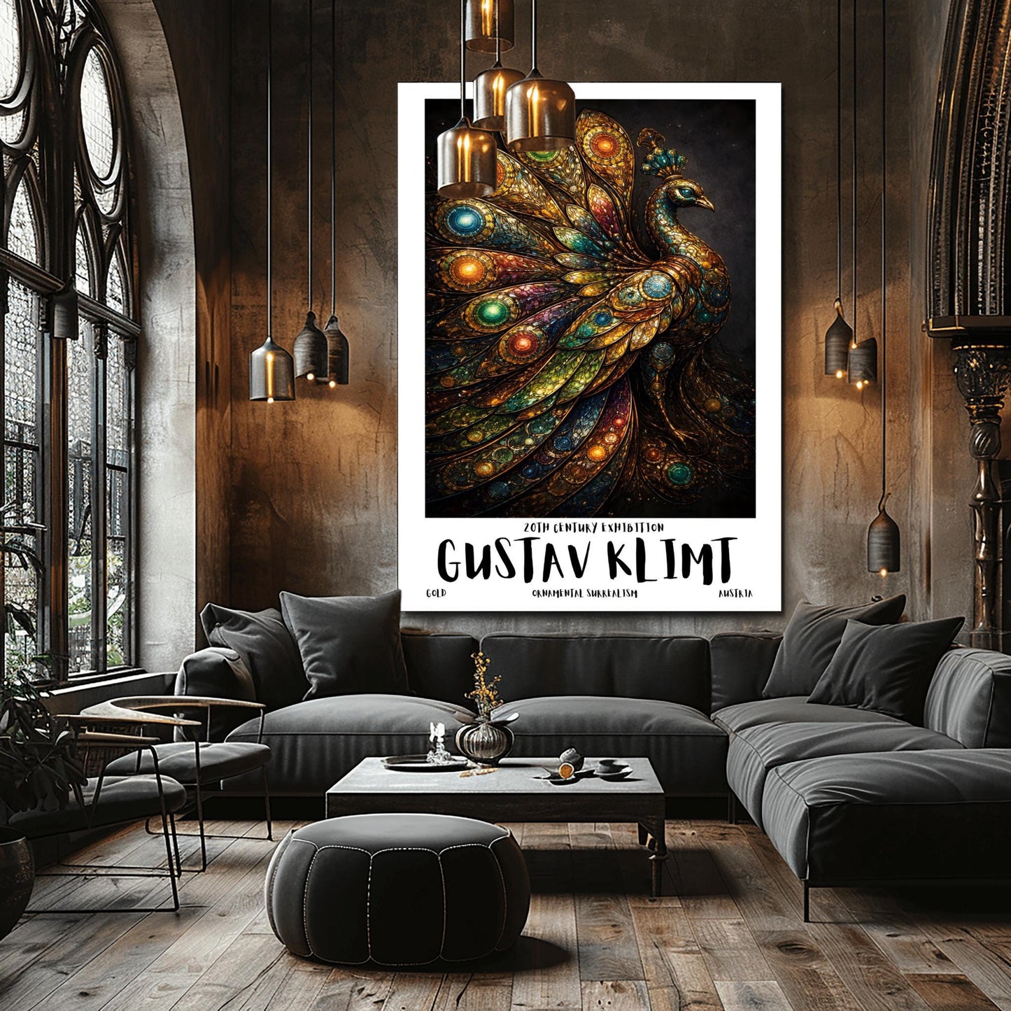 A vertical exhibition poster for Gustav Klimt. A peacock is shown in profile with a large, spread-out tail made of golden mosaic patterns and glowing jewel-toned circles in green, blue, and amber. The background is dark, and the bottom features bold text reading "GUSTAV KLIMT."