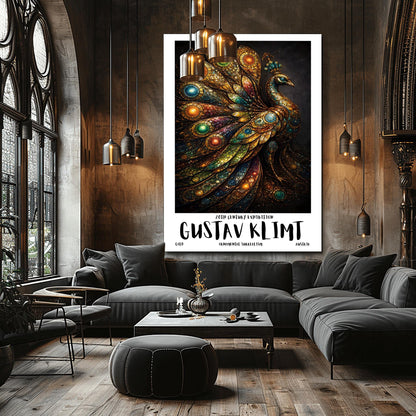 A vertical exhibition poster for Gustav Klimt. A peacock is shown in profile with a large, spread-out tail made of golden mosaic patterns and glowing jewel-toned circles in green, blue, and amber. The background is dark, and the bottom features bold text reading "GUSTAV KLIMT."