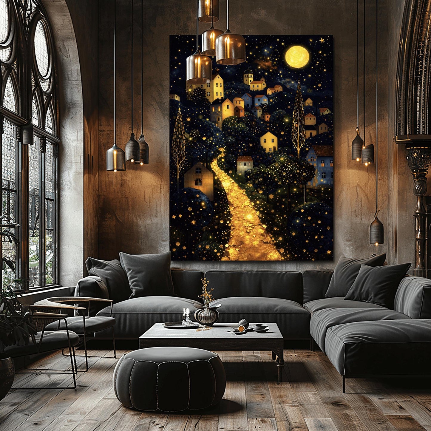 A vertical fine art landscape in the style of Gustav Klimt. A brilliant, glowing golden path winds up a dark hillside toward a village with lit windows. The deep blue night sky is filled with many stars and a large, textured golden moon. The trees are decorated with small, shimmering golden dots.