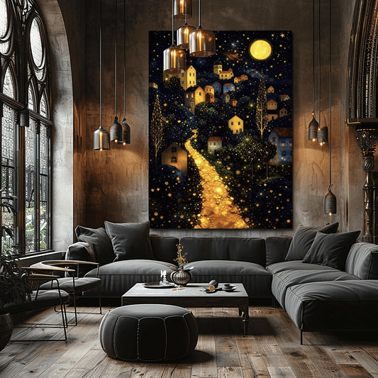 A vertical fine art landscape in the style of Gustav Klimt. A brilliant, glowing golden path winds up a dark hillside toward a village with lit windows. The deep blue night sky is filled with many stars and a large, textured golden moon. The trees are decorated with small, shimmering golden dots.