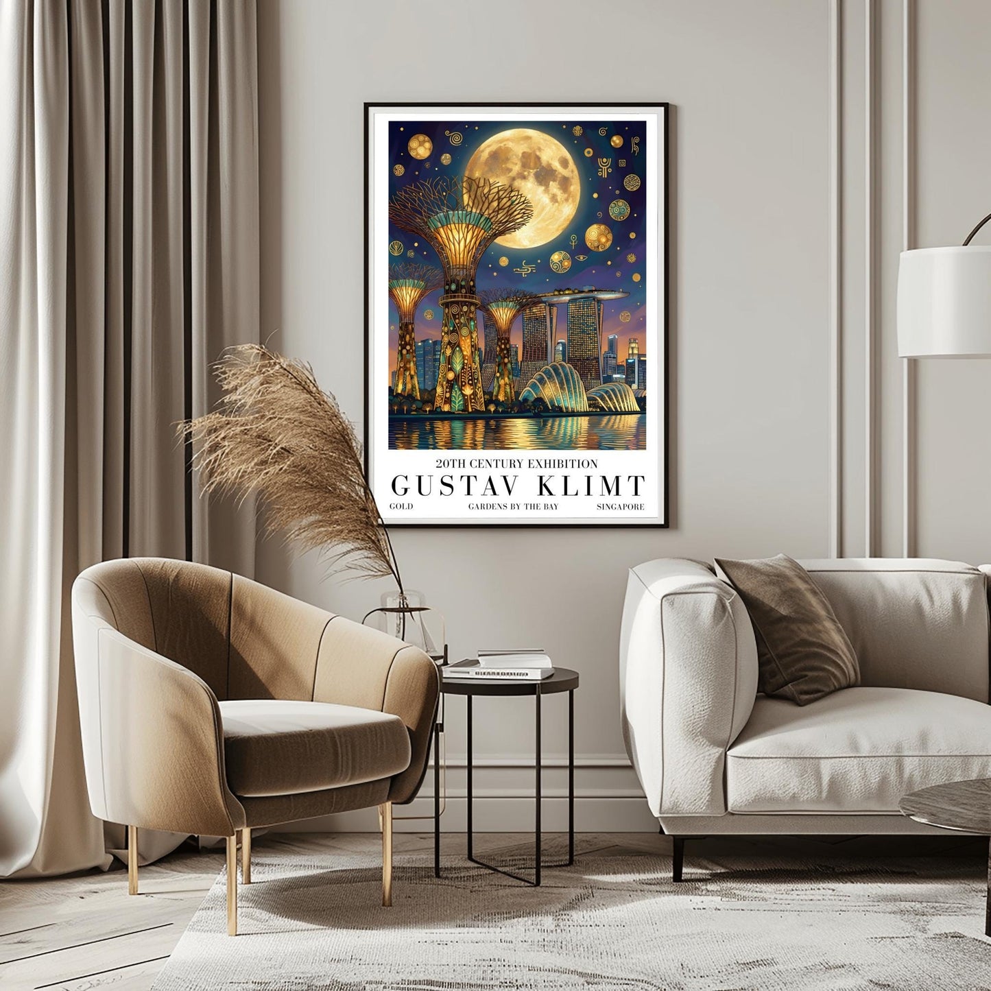 A vertical museum exhibition poster in the style of Gustav Klimt. The Supertree Grove of Singapore's Gardens by the Bay is rendered at night with intricate gold mosaic trunks. A massive moon hangs in a purple and indigo sky filled with golden symbols. Bold black text at the bottom reads "GUSTAV KLIMT" and "GARDENS BY THE BAY."
