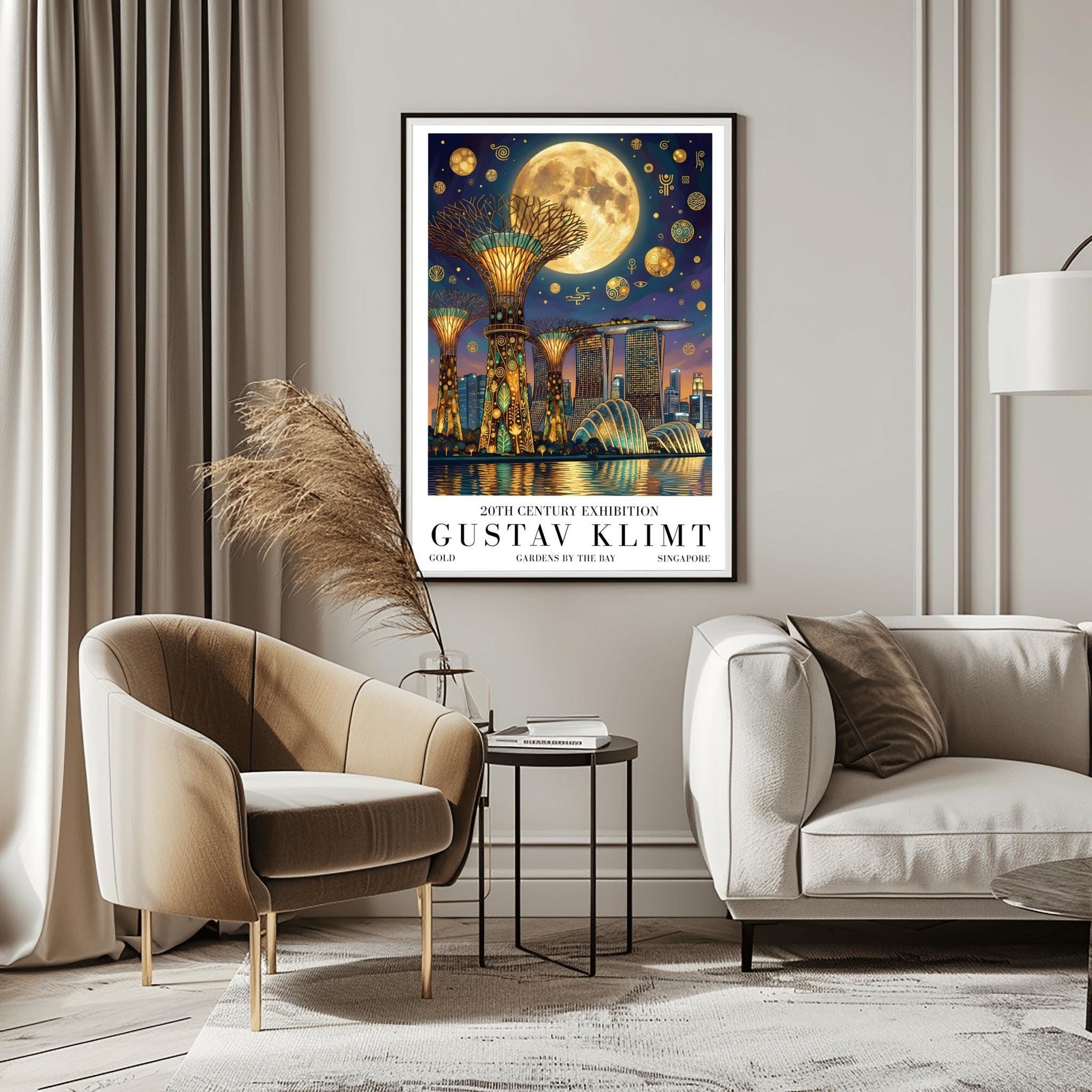 A vertical museum exhibition poster in the style of Gustav Klimt. The Supertree Grove of Singapore's Gardens by the Bay is rendered at night with intricate gold mosaic trunks. A massive moon hangs in a purple and indigo sky filled with golden symbols. Bold black text at the bottom reads "GUSTAV KLIMT" and "GARDENS BY THE BAY."