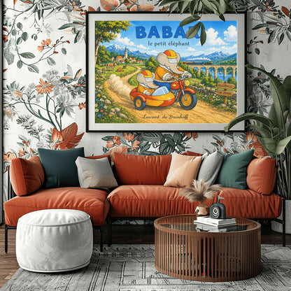 A horizontal watercolor illustration featuring Babar the Elephant and a smaller elephant riding a red motorcycle with a yellow sidecar down a dirt road. Both wear orange jackets and orange-and-yellow helmets. They are driving away from a European village toward a valley where a train crosses a stone bridge. In the background are tall, snow-capped mountains under a blue sky. A wooden sign points toward "Célesteville" and "Lac Zéphir."