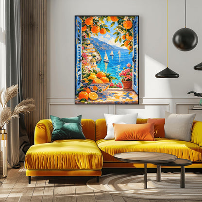 A vertical painterly illustration looking through open blue shutters at a coastal town with a yellow-domed cathedral and a blue sea with sailboats. In the foreground, a ceramic bowl holds oranges and lemons on a stone windowsill next to a pot of pink flowers.