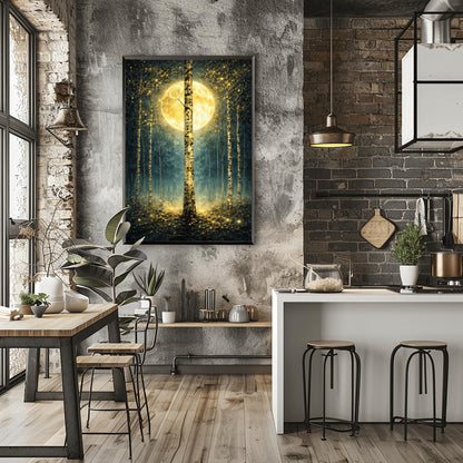 A vertical Art Nouveau-style illustration of a birch forest at night. A large golden moon hangs behind a central birch tree. The forest is filled with teal mist and shimmering golden stardust. The trees have intricate, mosaic-like textures on their bark.