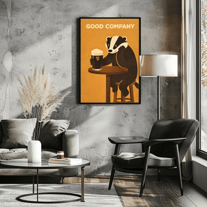 A vertical modern illustration of a cute black and white badger sitting at a round wooden bar table. The badger is leaning on one arm and holding a pint of Guinness with the other. The text "GOOD COMPANY" is written in bold at the top against a warm amber background.