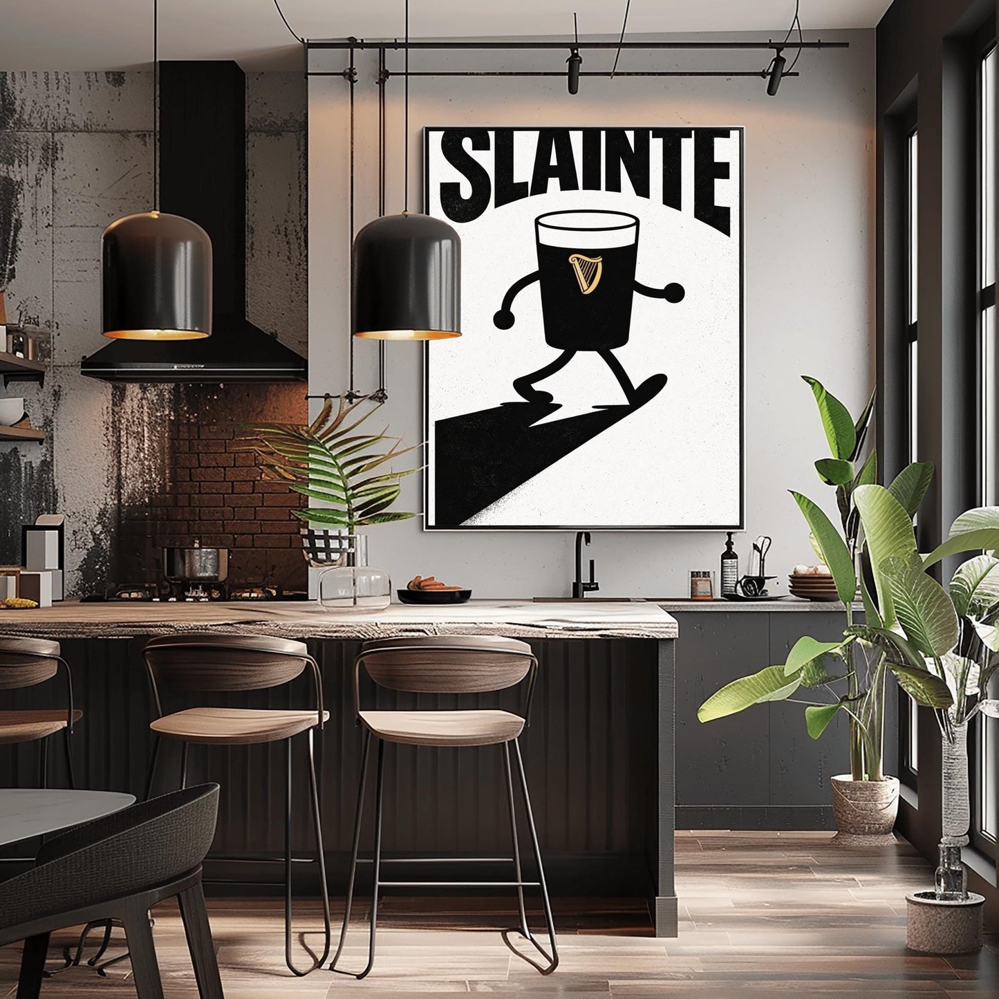 A vertical minimalist graphic in black and white. A pint of Guinness with thin black cartoon arms and legs is shown walking. The word "SLÁINTE" is arched at the top in a bold black font. The pint features a small gold harp logo.