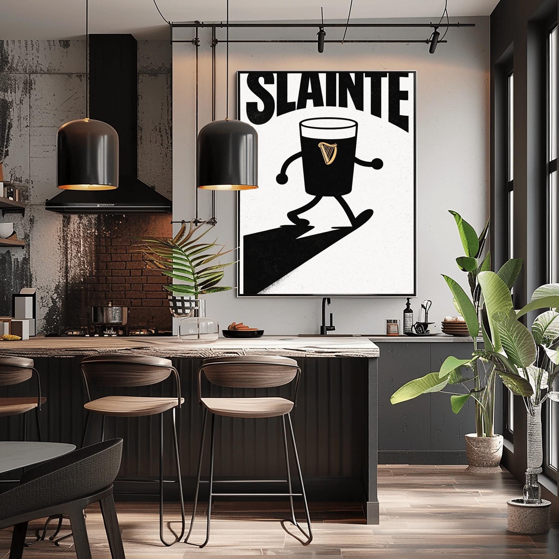 A vertical minimalist graphic in black and white. A pint of Guinness with thin black cartoon arms and legs is shown walking. The word "SLÁINTE" is arched at the top in a bold black font. The pint features a small gold harp logo.