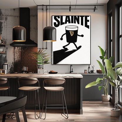 A vertical minimalist graphic in black and white. A pint of Guinness with thin black cartoon arms and legs is shown walking. The word "SLÁINTE" is arched at the top in a bold black font. The pint features a small gold harp logo.