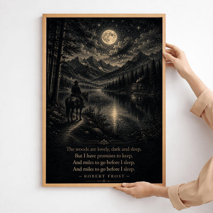 A detailed forest green and cream woodcut-style illustration of a rider on a horse looking across a lake toward a small cabin and distant mountains under a starry sky. The bottom of the image features the final four lines of Robert Frost's poem "Stopping by Woods on a Snowy Evening".