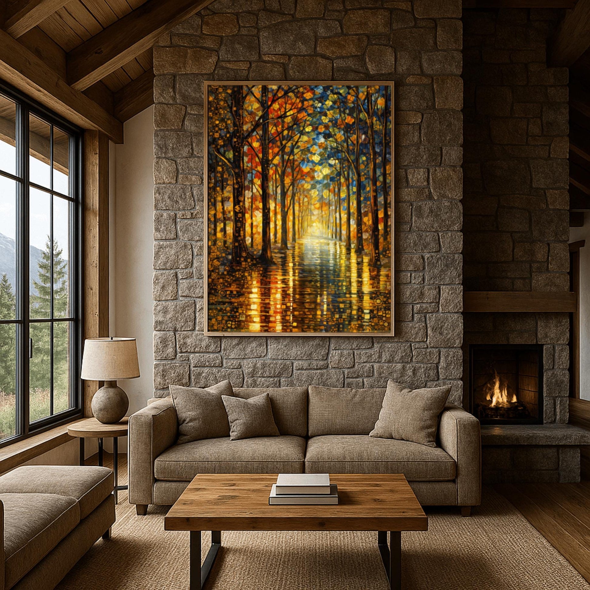 A vertical, highly detailed oil painting in the style of Gustav Klimt. A forest path lined with tall, slender trees is illuminated by a warm, golden light at the end of the corridor. The leaves are a mosaic of gold, orange, and red circles and geometric shapes. The path in the foreground is wet and reflects the brilliant colors of the trees in a shimmering, textured pattern.
