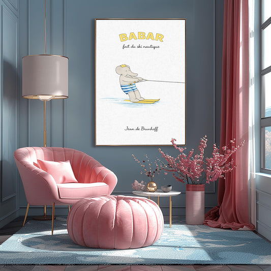 A vertical art print titled "BABAR fait du ski nautique" in yellow letters. A grey elephant, Babar, is wearing blue and white striped swim trunks and a gold crown while water skiing. He is holding onto a tow rope and gliding on two yellow skis over a light blue splash of water. The background is a minimalist cream texture with the name "Jean de Brunhoff" at the bottom.