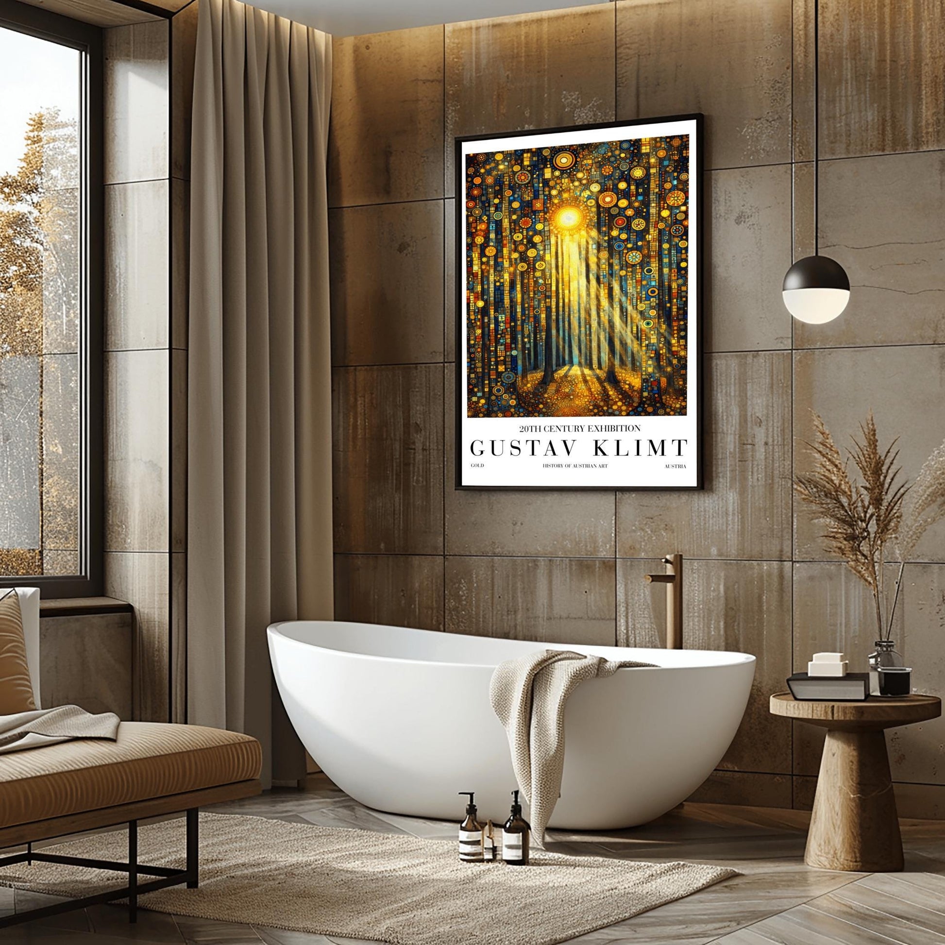 A vertical museum exhibition poster in the style of Gustav Klimt. Dark, slender tree trunks stand in a forest where the sky and ground are made of dense gold and blue mosaic circles. A bright sun in the upper center casts long, sharp pillars of light down to the forest floor. Bold black text at the bottom reads "GUSTAV KLIMT" and "HISTORY OF AUSTRIAN ART."
