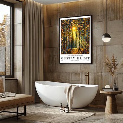 A vertical museum exhibition poster in the style of Gustav Klimt. Dark, slender tree trunks stand in a forest where the sky and ground are made of dense gold and blue mosaic circles. A bright sun in the upper center casts long, sharp pillars of light down to the forest floor. Bold black text at the bottom reads "GUSTAV KLIMT" and "HISTORY OF AUSTRIAN ART."