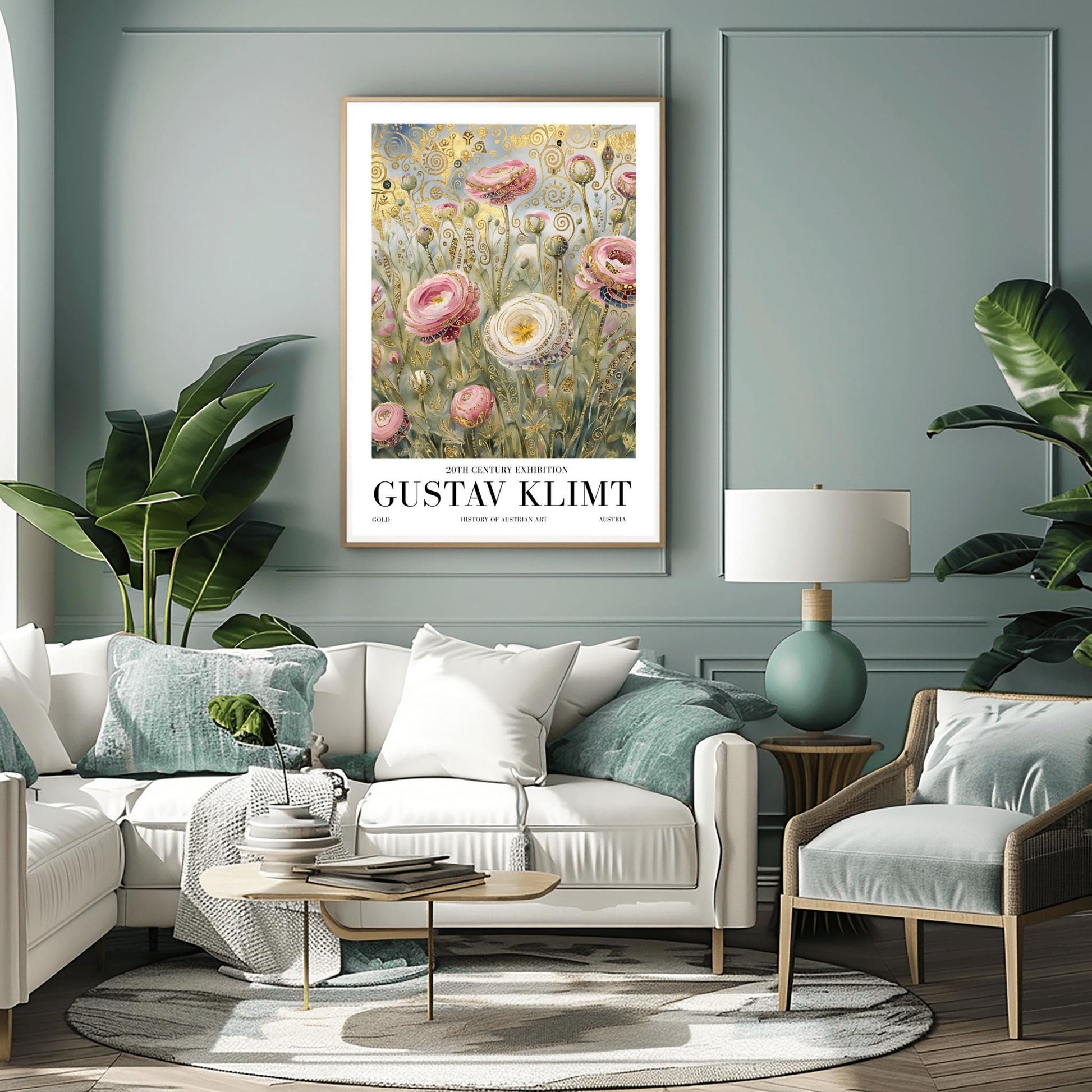 A vertical museum exhibition poster in the style of Gustav Klimt. Large pink and white roses with golden edges grow in a field. The background is filled with ornate gold leaf spirals and geometric patterns against a soft light-blue sky. Bold black text at the bottom reads "GUSTAV KLIMT" and "BOTANICAL EXCELLENCE."