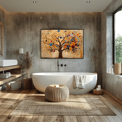 A horizontal fine art print in the style of Gustav Klimt. A large tree with dark branches that curl into golden spirals fills the frame. The tree is decorated with a variety of colorful blue, orange, and red flowers and small black birds. The background is a warm cream color with faint, swirling patterns.
