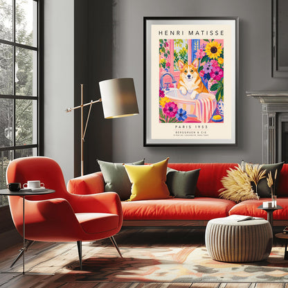 A vertical maximalist art print styled as a Henri Matisse exhibition poster. A tan and white Pembroke Welsh Corgi dog with large ears stands in a white bathroom sink under a running silver faucet. The room features pink walls and is filled with large sunflowers and pink and purple blossoms. A pink and white striped towel hangs from the side of the sink. A window in the background looks out onto a leafy green garden. Bold black text at the top and bottom