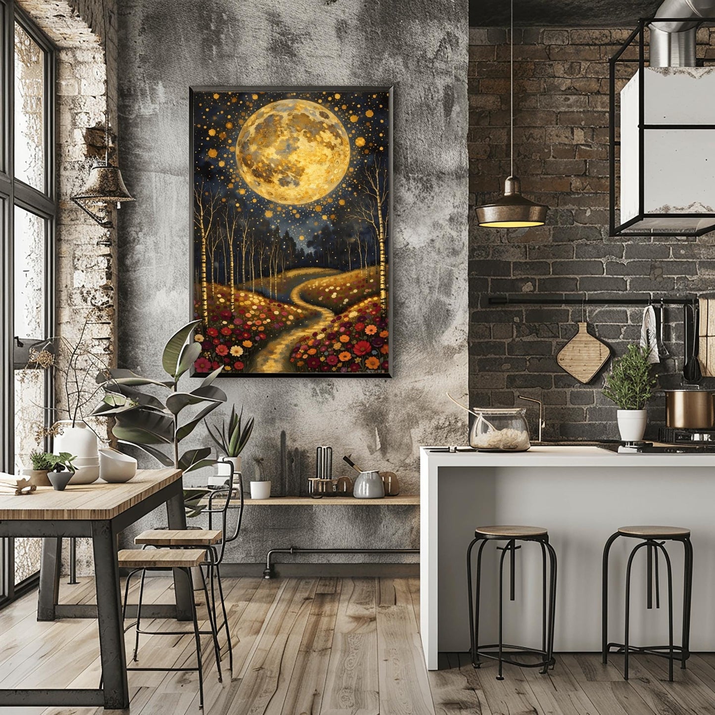 A vertical fine art painting in the style of Gustav Klimt. A massive, textured golden moon fills the upper half of a dark, starlit sky. Below, a winding golden path leads through a lush field of colorful wildflowers including pink, red, and white blooms. Slender birch trees with gold accents frame the meadow. The style is highly decorative with mosaic patterns and shimmering light effects.
