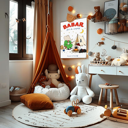 A vertical retro fine art exhibition poster titled "BABAR fait du camping" on a wide cream border. The top "BABAR" text is printed in a bold red font. The illustration shows an elephant in a green suit and red bowtie sitting on a stool by a campfire, toasting a marshmallow next to a white tent under a starry night sky with a yellow crescent moon. A small black dog in a plaid scarf sleeps nearby, and the name "Laurent de Brunhoff" anchors the bottom.