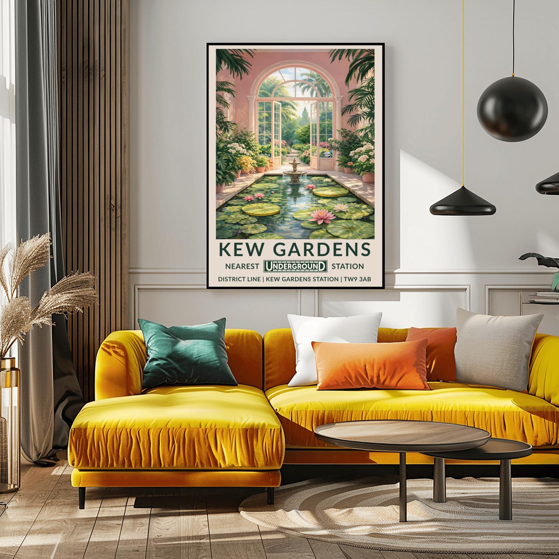 A vertical vintage travel poster for Kew Gardens. The scene is an interior view of a pink-walled conservatory featuring a long rectangular pond filled with lily pads and pink water lilies. A tiered stone fountain stands in the water. Large arched glass doors are open in the center, revealing a sun-drenched garden path lined with flowers and palm trees. The bottom features a cream border with bold green text: "KEW GARDENS" and "NEAREST UNDERGROUND STATION" with District Line details.