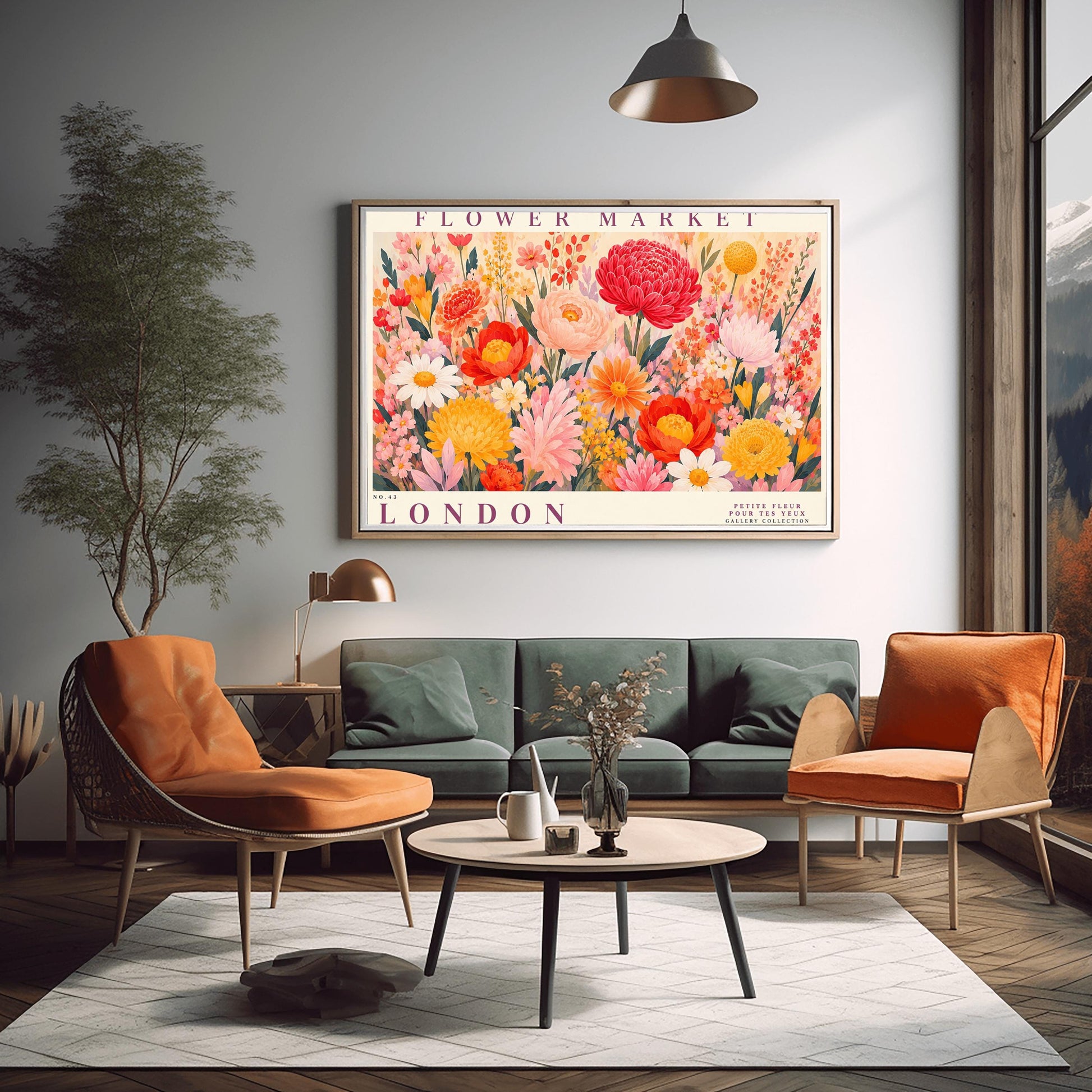 A vibrant, maximalist vintage botanical gallery poster titled "FLOWER MARKET LONDON" in elegant purple typography. The main illustration shows a dense, edge-to-edge meadow of hand-painted wildflowers. The arrangement includes a large crimson red dahlia, soft pink peonies, white daisies with yellow centers, yellow chrysanthemums, and various small orange and pink blossoms nestled among green leaves.