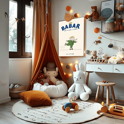 A vertical retro fine art exhibition poster titled "BABAR fait du patin à roulettes" on a wide cream border. The top "BABAR" text is printed in a bold navy blue font with a small gold crown sitting on top. The illustration shows an elephant wearing a crown and green suit balancing on one foot while wearing white roller skates with orange wheels. A trail of tiny yellow stars follows his back skate. The name "Jean de Brunhoff" anchors the bottom in blue script.