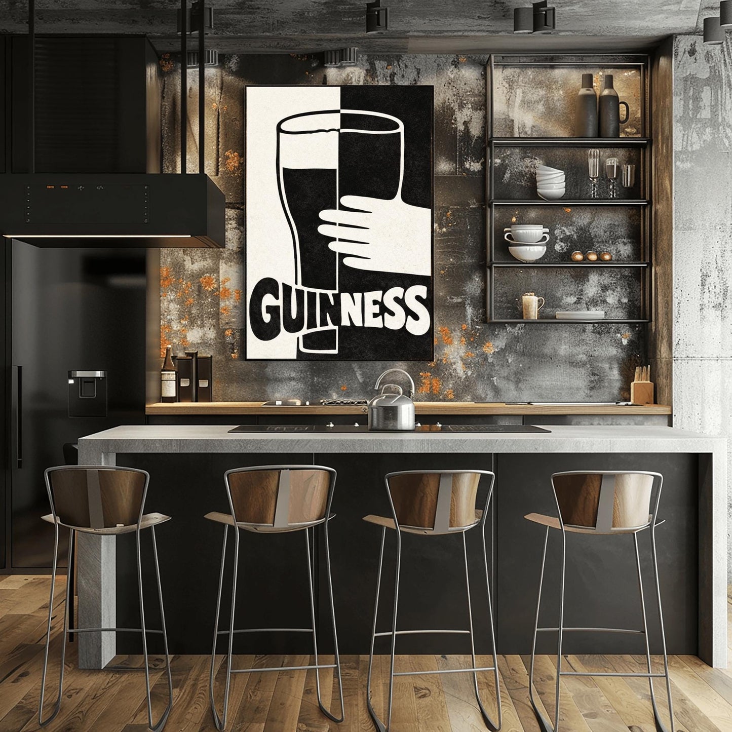 A vertical minimalist graphic split down the center: the left half is cream and the right half is black. A large Guinness pint in the center reverses its colors across the split. A white hand holds the glass from the right. The word "GUINNESS" at the bottom also reverses colors across the divide.