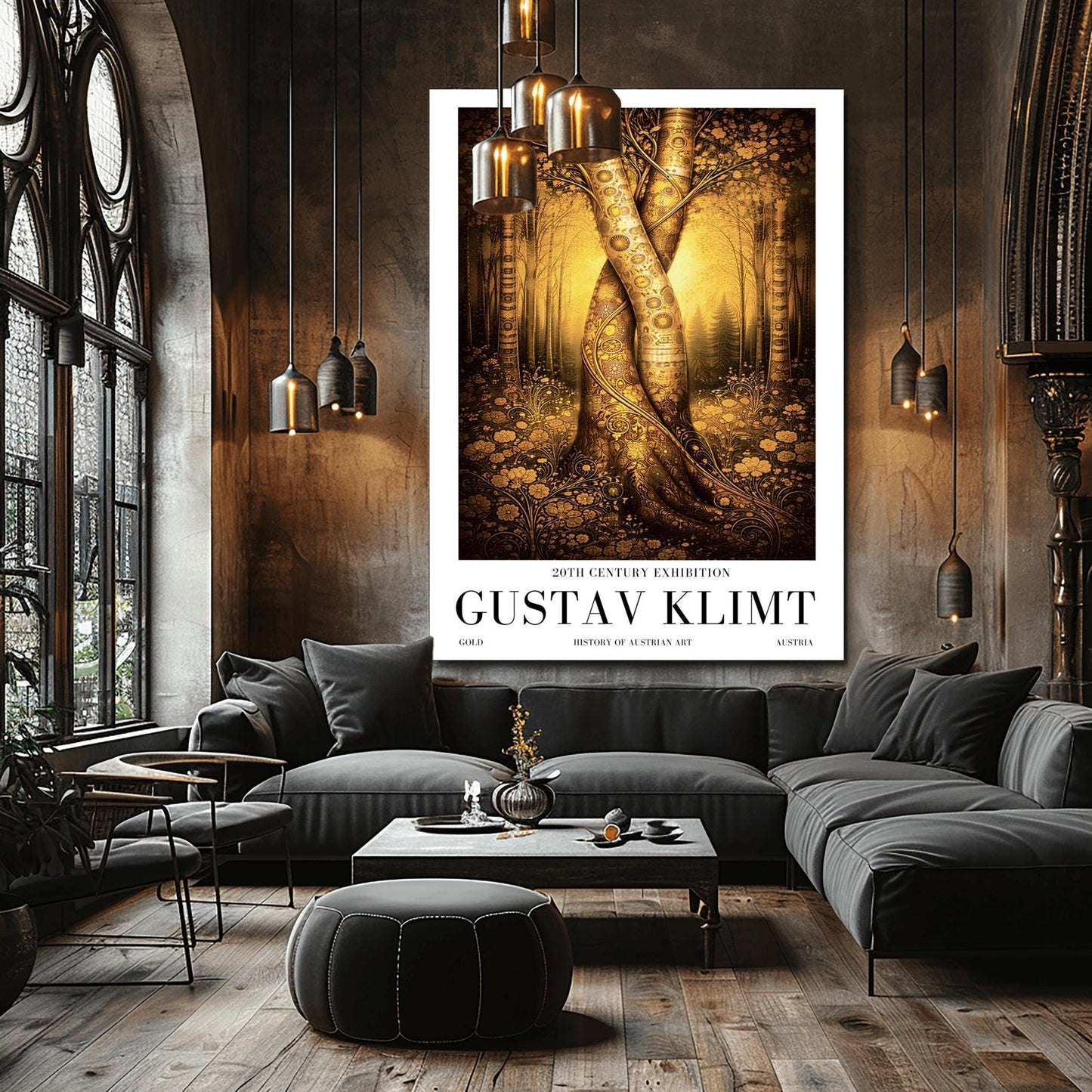 A vertical exhibition poster for Gustav Klimt. Two large tree trunks with golden mosaic patterns are entwined and twisted together in the center of a sunlit forest. The background is a soft amber glow, and the foreground features detailed golden flowers. White border with black text at the bottom.