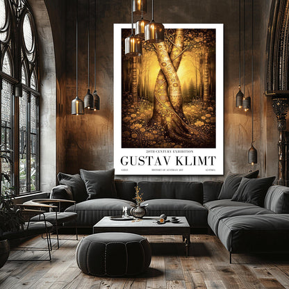 A vertical exhibition poster for Gustav Klimt. Two large tree trunks with golden mosaic patterns are entwined and twisted together in the center of a sunlit forest. The background is a soft amber glow, and the foreground features detailed golden flowers. White border with black text at the bottom.