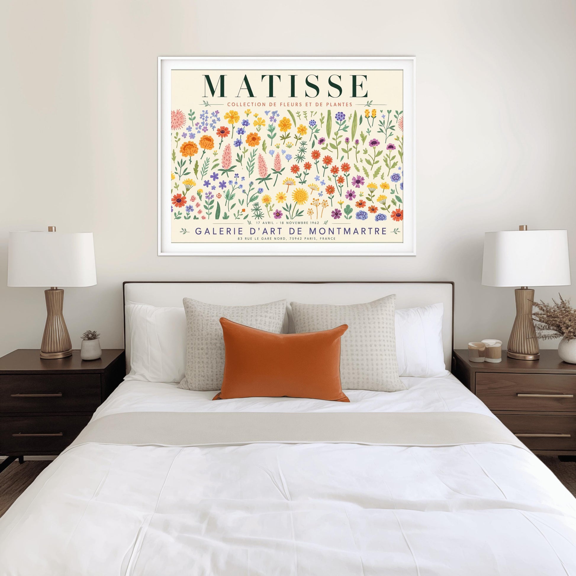 A vertical gallery exhibition poster with a warm cream border. Bold black text at the top reads "HENRI MATISSE". The central artwork is a rectangular block with a solid terracotta-orange background, featuring a cream silhouette of an abstract, four-petaled flower with a circular center. Below the block, black text reads "PAPIERS DÉCOUPÉS" and "FLEUR". The bottom of the poster finishes with the text "BERGGRUEN & CIE - 70 RUE DE L'UNIVERSITÉ - PARIS VII".