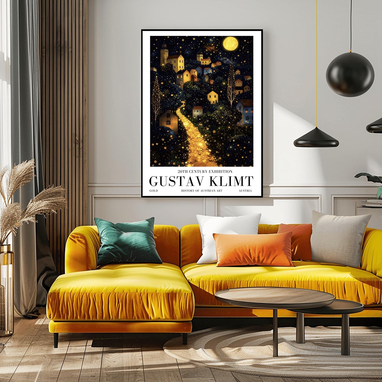 A vertical fine art landscape in the style of Gustav Klimt. A brilliant, glowing golden path winds up a dark hillside toward a village with lit windows. The deep blue night sky is filled with many stars and a large, textured golden moon. The trees are decorated with small, shimmering golden dots.