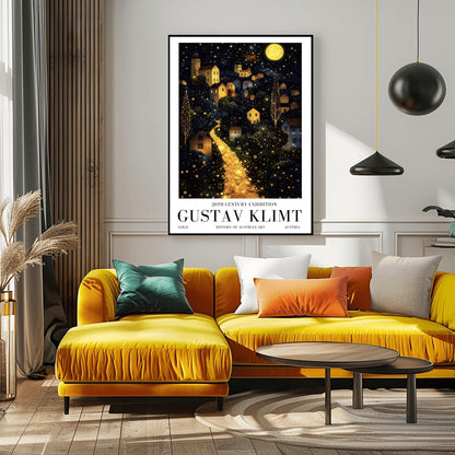 A vertical fine art landscape in the style of Gustav Klimt. A brilliant, glowing golden path winds up a dark hillside toward a village with lit windows. The deep blue night sky is filled with many stars and a large, textured golden moon. The trees are decorated with small, shimmering golden dots.