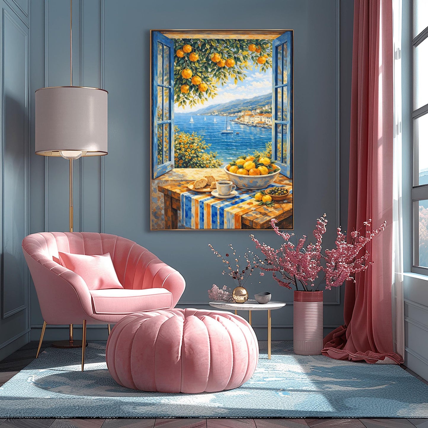 A vertical painterly illustration of a breakfast table in front of an open window with blue shutters. On the table is a cup of coffee, croissants, olives, and a bowl of oranges. Outside the window is a blue sea with sailboats and a coastal town under a bright sky.