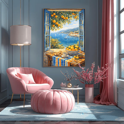 A vertical painterly illustration of a breakfast table in front of an open window with blue shutters. On the table is a cup of coffee, croissants, olives, and a bowl of oranges. Outside the window is a blue sea with sailboats and a coastal town under a bright sky.