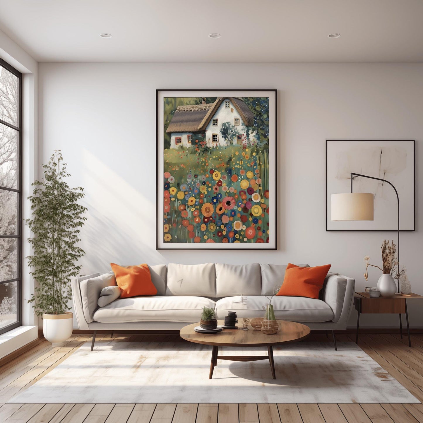 A vertical oil painting in the style of Gustav Klimt. A white-washed cottage with a brown thatched roof sits behind a dense field of colorful, circular wildflowers in shades of orange, red, blue, and yellow. The style features heavy, decorative textures and subtle golden highlights throughout the garden and roof.