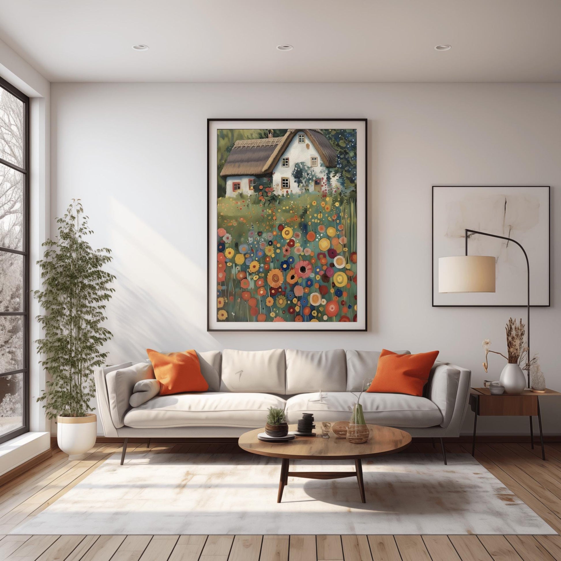 A vertical oil painting in the style of Gustav Klimt. A white-washed cottage with a brown thatched roof sits behind a dense field of colorful, circular wildflowers in shades of orange, red, blue, and yellow. The style features heavy, decorative textures and subtle golden highlights throughout the garden and roof.