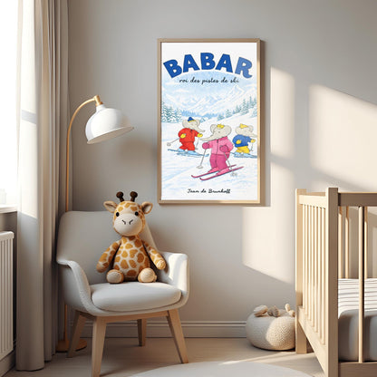 A vertical children's illustration poster titled "BABAR: roi des pistes de ski" in blue. Three elephants are skiing down a gentle, snow-covered slope. The central elephant wears a pink snowsuit and crown. To the left is an elephant in red, and to the right is one in blue and yellow. The background features snowy mountains and a pine forest under a light blue sky. The name "Jean de Brunhoff" is at the bottom.