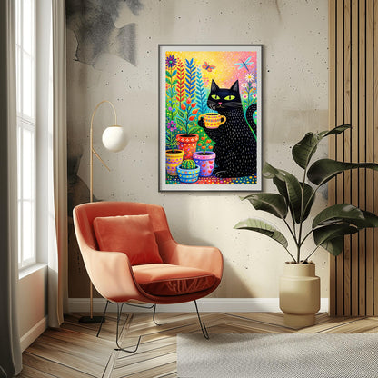 A vertical, colorful folk-art illustration of a black cat with green eyes holding a steaming yellow patterned mug. The cat has small white dashed lines for fur and is sitting next to several decorated flower pots containing a cactus and various colorful plants. A butterfly and a dragonfly fly in the upper portion of the image. The background is a bright, speckled gradient of yellow, pink, and orange.